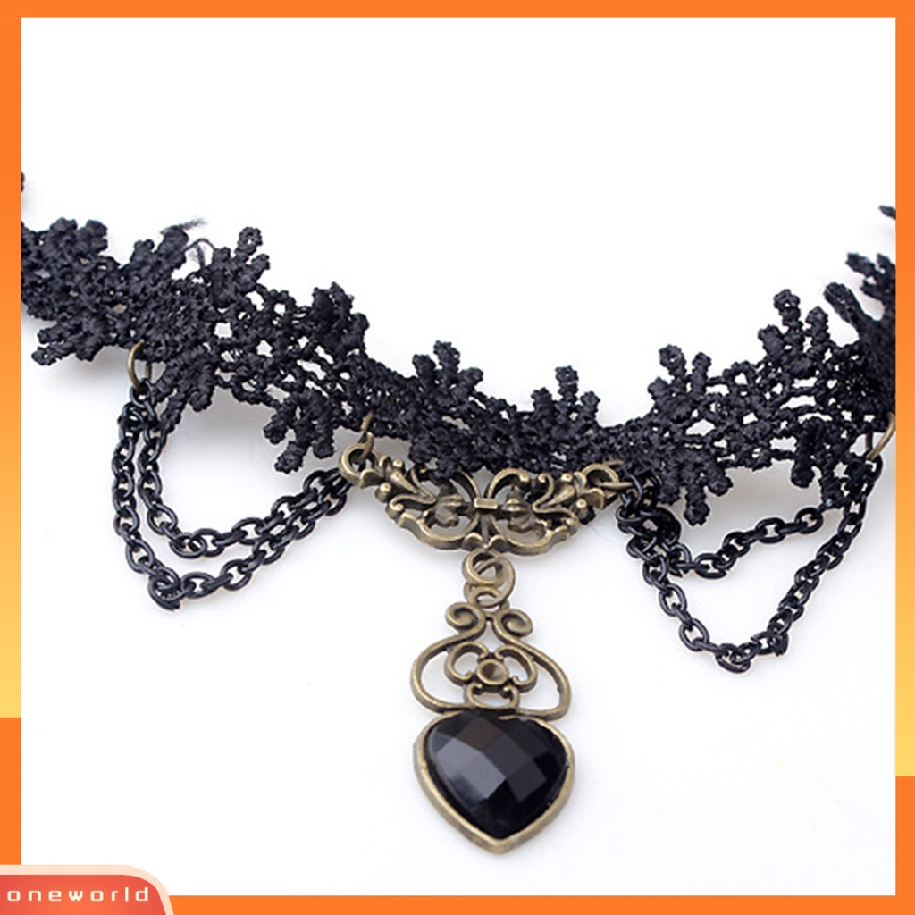 {oneworld} Kalung Colorfast Lace Edge Alloy Kalung Rantai Renda Hitam Untuk Pernikahan