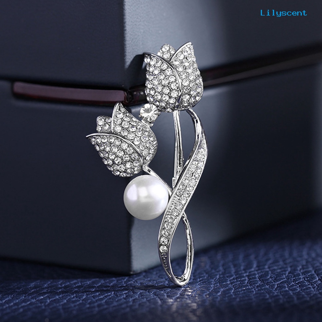 [LS] Lady Pin Berlian Imitasi Mutiara Imitasi Bentuk Tulip Shiny Women Brooch Untuk Prom