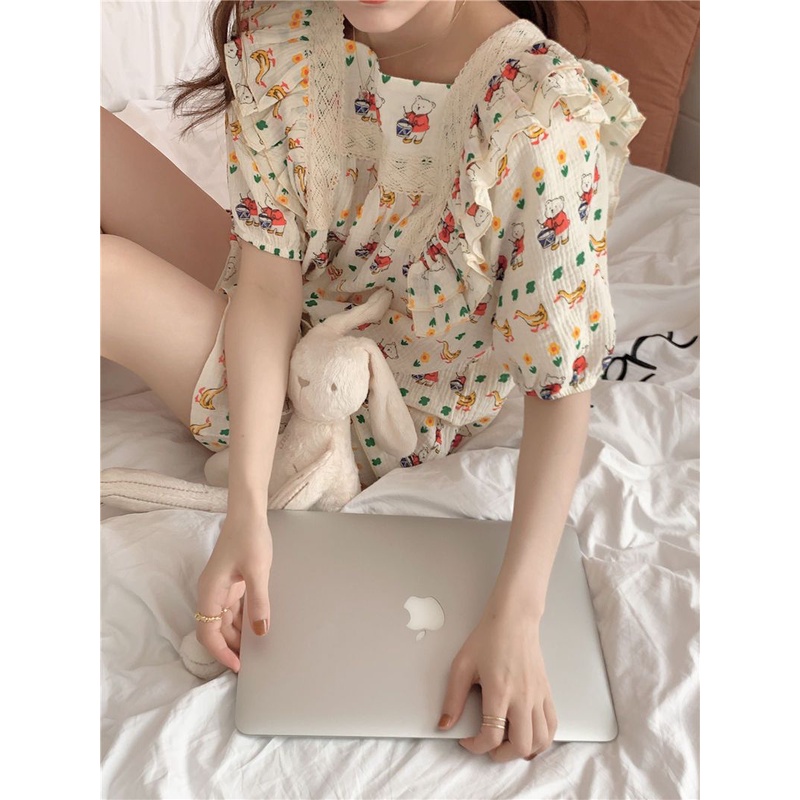 Piyama musim panas wanita Korea ins manis renda serebrates menanggung lengan pendek kulit pendek dua