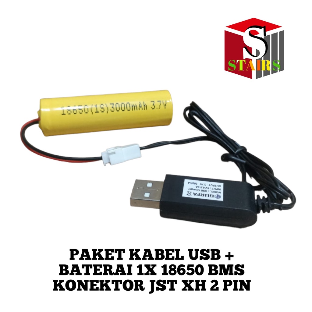 Paket Kabel USB + Baterai Mainan Anak RC/ Speaker &amp; Elektronik Lainnya 1X 18650 3000mAh 3.7V BMS 1S 4.5A KONEKTOR JST XH 2 PIN