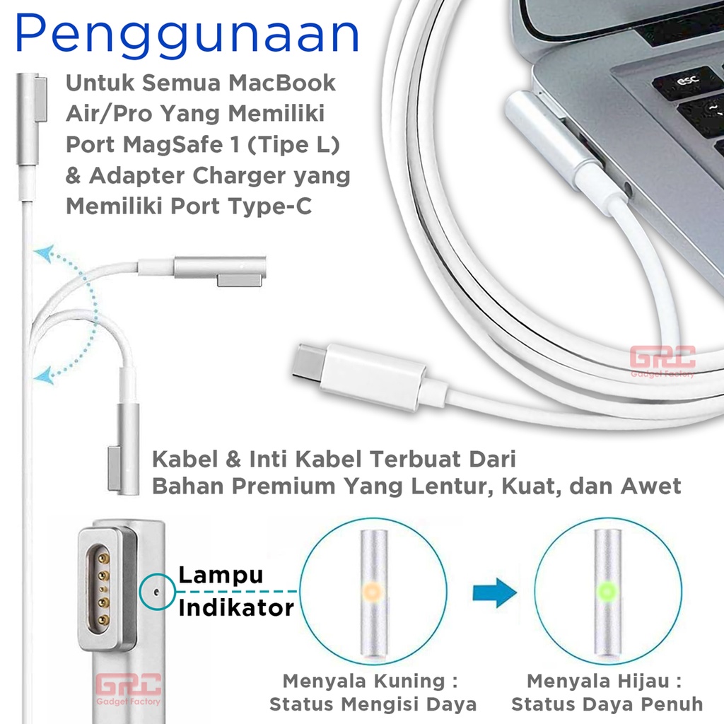 Kabel Charger Macbook USB C Type C to Magsafe 1 L Type Power Cable