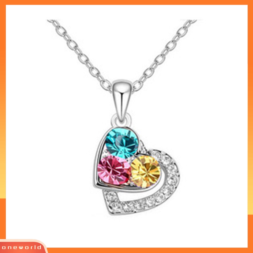 [oneworld] 1set Perhiasan Wanita Set Shiny Colorful Full Rhinestones Geometris Berkilau Hias Hadiah Anniversary Cinta Bentuk Hati Liontin Kalung Stud Anting Set