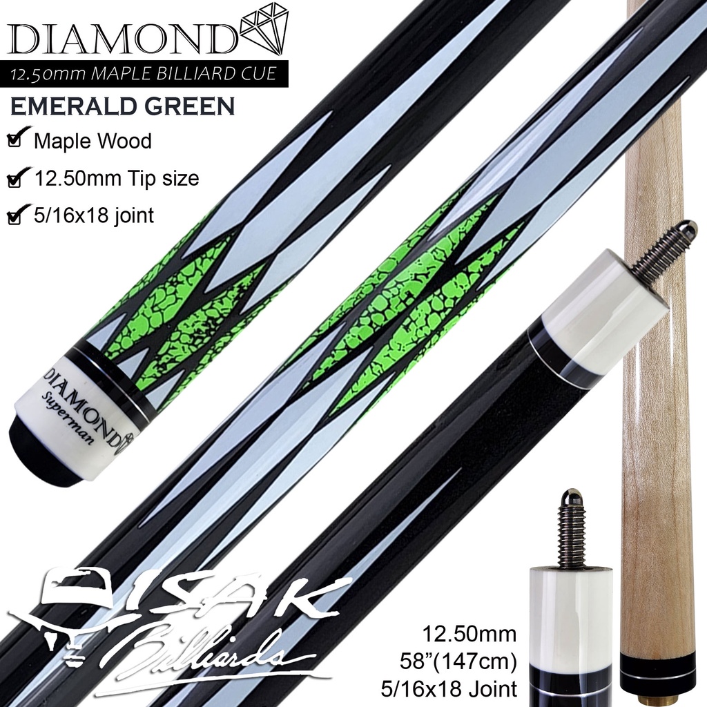 Diamond Maple Pool Cue 12.5mm | Emerald Green Billiard Stick Bola Besar