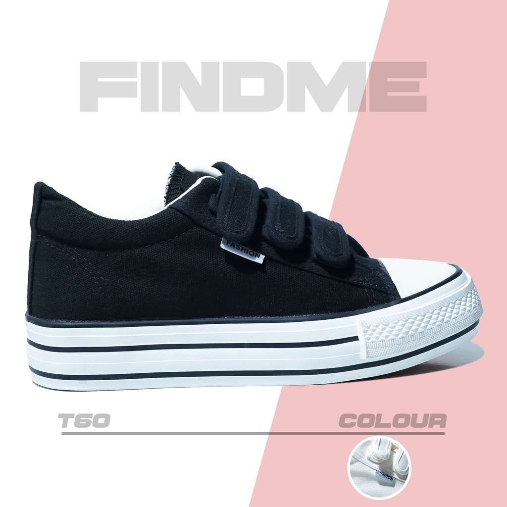 SNEAKERS WANITA VELCRO HIGHCUT BLACK WHITE SISWA SISWI STYLE BAHAN CANVAS IMPORT COMFY T60