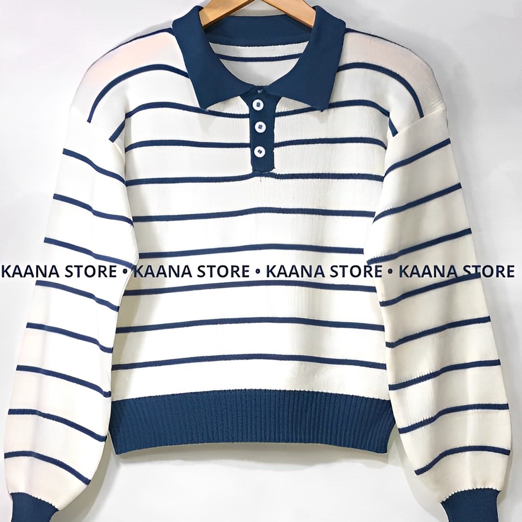 Polo Stripes Knit Import - Atasan Polo Rajut Wanita - Korean Polo Knit TM (51047) / striped knit / knit crop top / atasan rajut wanita/ baju rajut wanita tebal/ sweater rajut / baju rajut / [𝗞𝗲𝗹𝗮𝗻𝗮] Haley Polo Knit Top | Polo Knit Top for Women