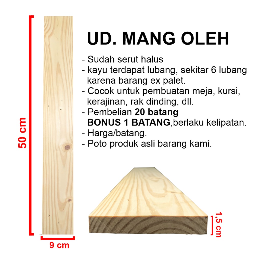 Papan Kayu Pinus / Jati Belanda 50x9x1/1,5 Natural&Bakar sudah halus  / Cocok Untuk Furniture.