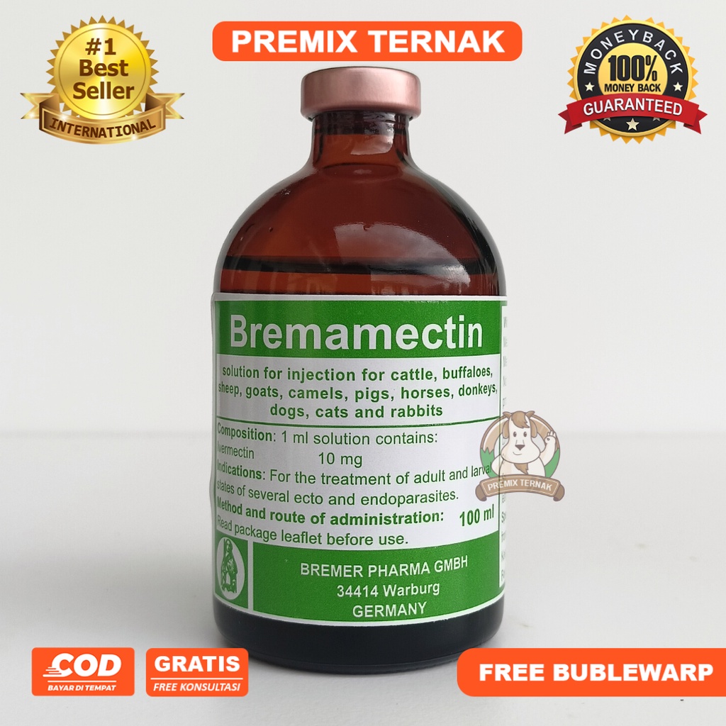 BREMAMECTIN 100 ml - Iver-mec-tin anti parasit injeksi - Obat gudik scabies kutu gatal dan cacing - mirip IVERVET NOVA MECTIN INTERMECTIN WORMECTIN - Premix Ternak