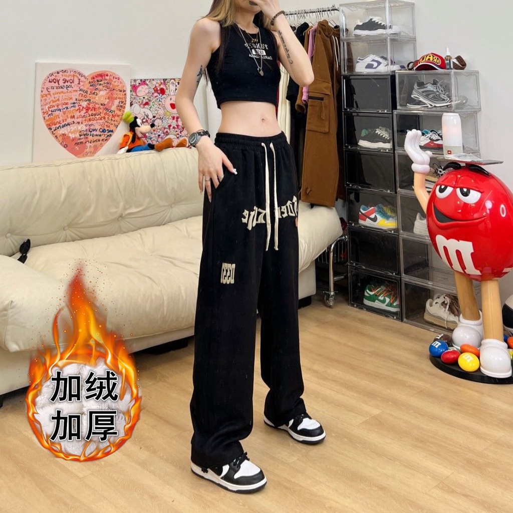 Red American street high street retro kasual celana longgar lebar kaki celana terintegrasi beludru plus desain beludru celana wanita in
