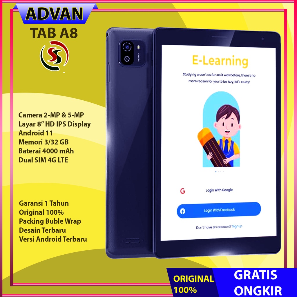 Advan Tab A8 3GB / 32GB Tablet 8 Inch Android 11 Garansi Resmi Bonus Flip Case - Grey