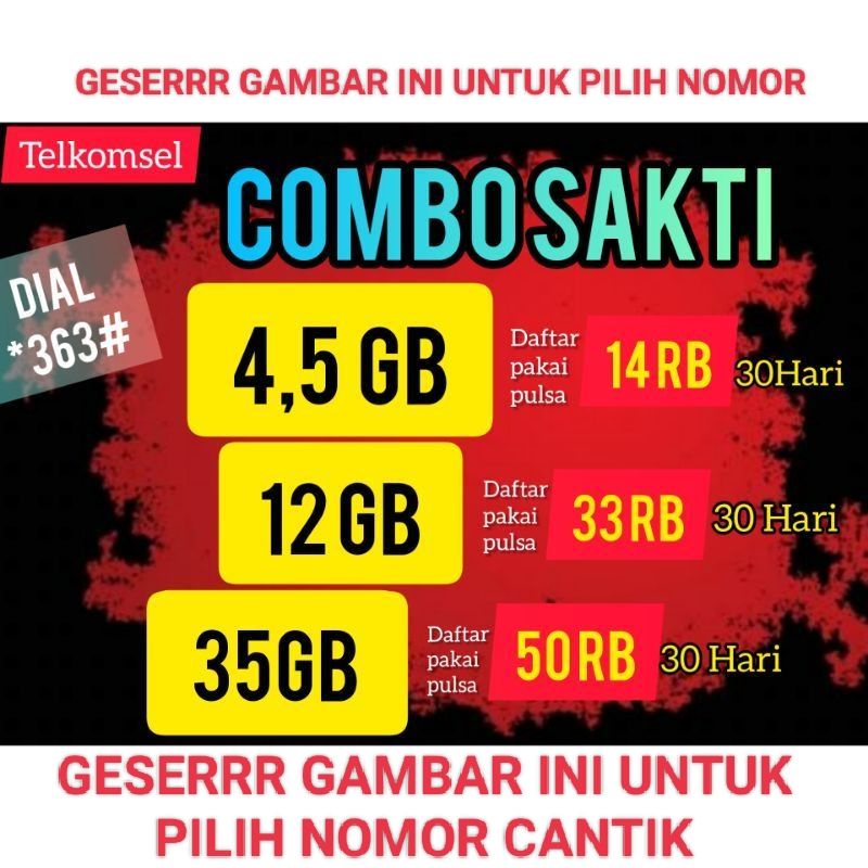 PILIH NOMOR CANTIK!!! Kartu Telkomsel COMBO SAKTI kecil 4.5gb/14k 12Gb/33k 35Gb/50k