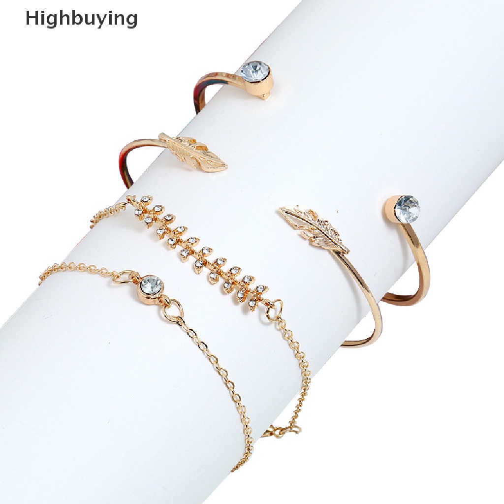 Hbid 4Pcs/set Fashion Wanita Geometris Kristal Daun Gelang Adjustable Bangle Perhiasan Glory