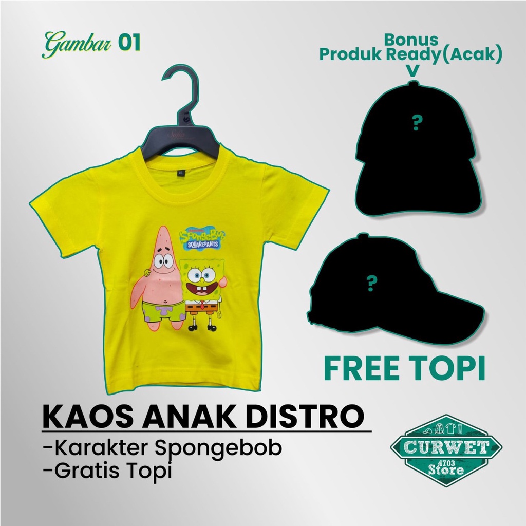 KAOS ANAK DISTRO KARAKTER SPONGEBOB GRATIS TOPI