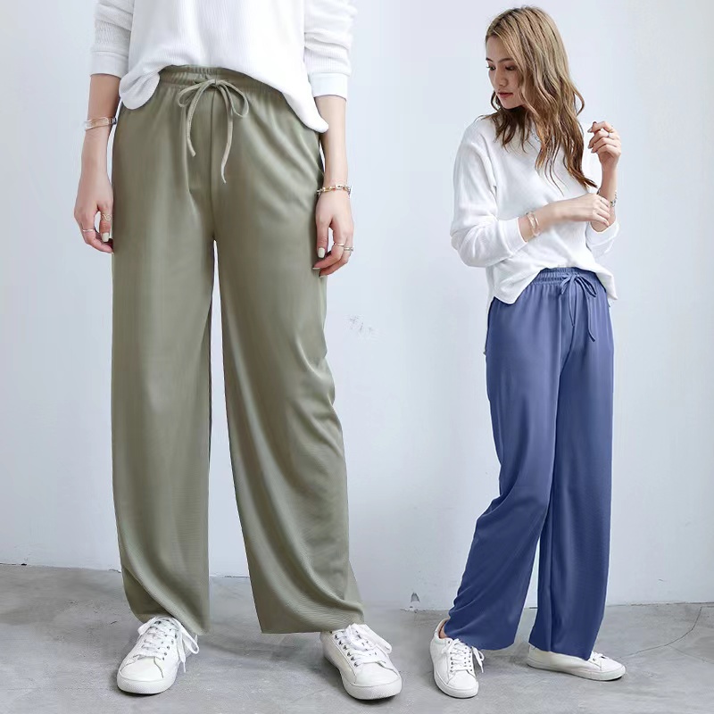 Stok bersih!Dasi Celana Wanita Kasual Longgar Sutra Es Wide Leg Long Pants