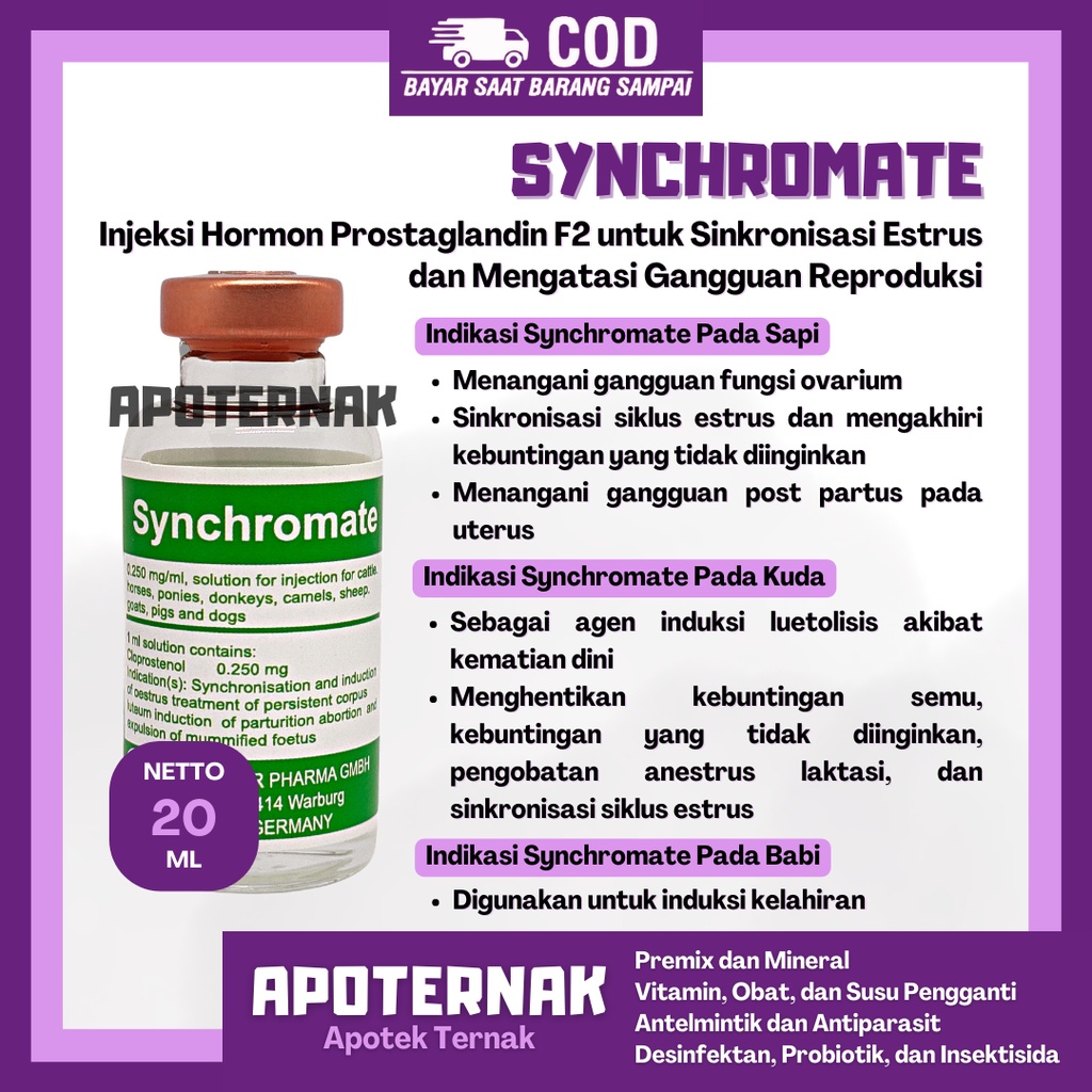 SYNCHROMATE /LUTALYSE | Injeksi Hormon PGF2 Untuk Sinkronisasi Estrus dan Mengatasi Gangguan Reproduksi Ternak | 20 mL | Apoternak