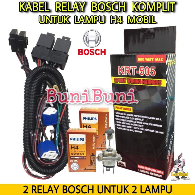 Kabel Relay BOSCH Komplit Lampu Philips H4 Mobil - 2 RELAY 2 Lampu Original (2R)