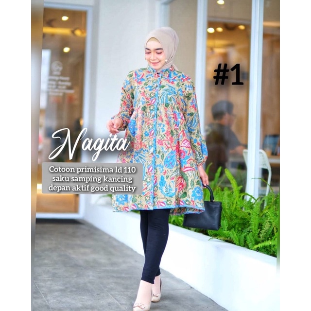 Dress Tunik Batik Modern Wanita Terbaru Busui Kancing Depan Aktif Ld 110cm Bahan Katun Halus Solo