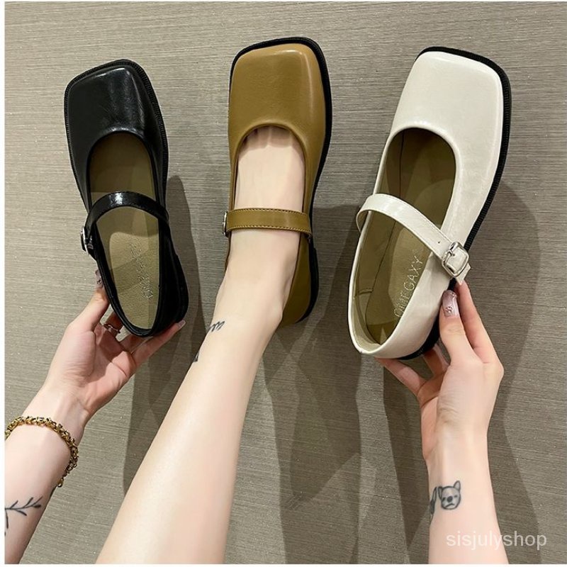 #Sisjuly# Sepatu kulit wanita baru French square toe flat bottom milk shoes wanita sepatu tunggal