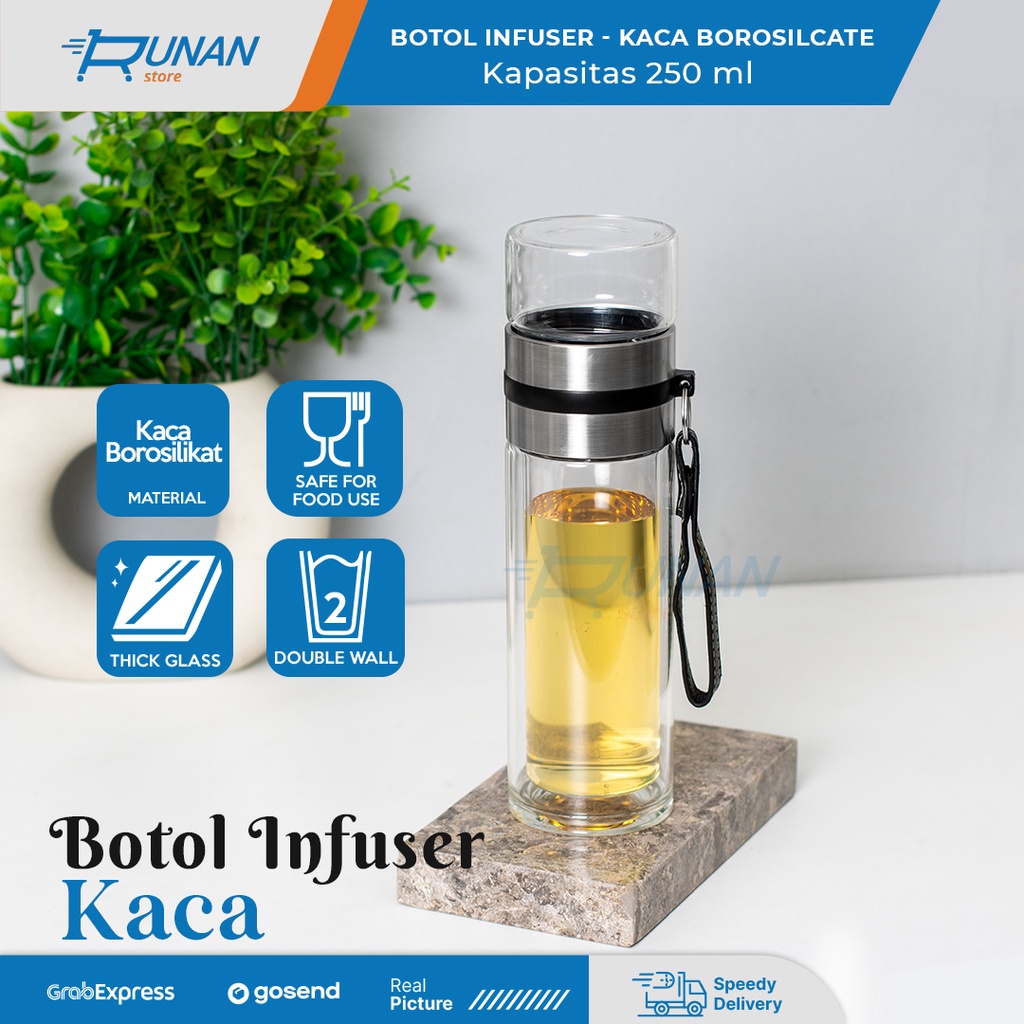 Botol Teh Infuser Kaca 250 ml Botol Minum Teh Saringan Double Wall