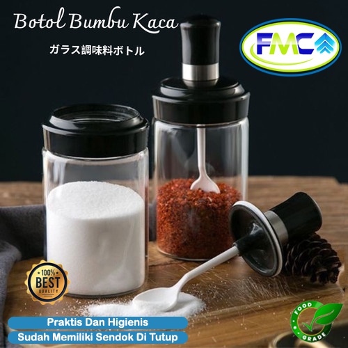 Tempat Bumbu Kaca Botol Wadah Bumbu Tabur Cair Serbaguna Tempat Bumbu Tutup Sendok Praktis Tempat Kopi Gula Caffe