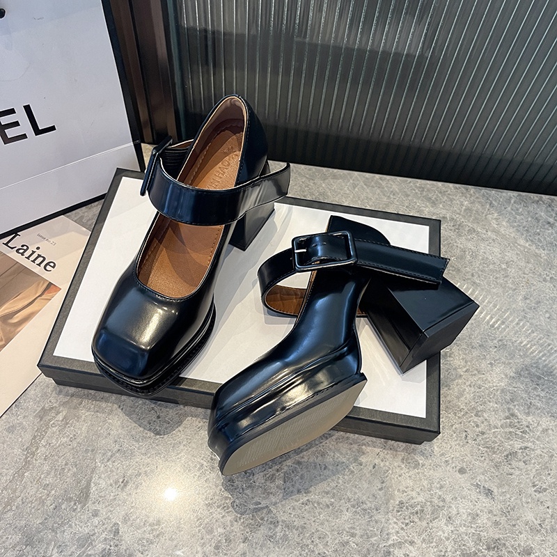 Sepatu Hak Tinggi Tahu Wanita Terbaru Korea Hitam Tali Gesper Murah Big Size Pointed Toe Black Mary Jane Platform Shoes Pump Chunky Block High Heels Import 9cm Elegan Modis - Ukuran 35 36 37 38 39 40 41 42 43