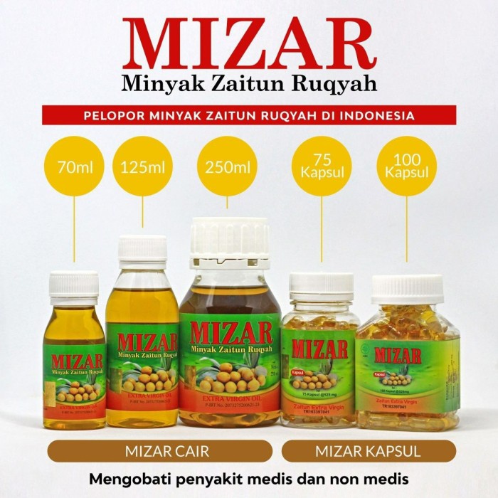 Mizar Minyak Zaitun Ruqyah Menghilangkan Sihir Dan Pengaruh Jin Dalam Tubuh Kapsul dan Cair