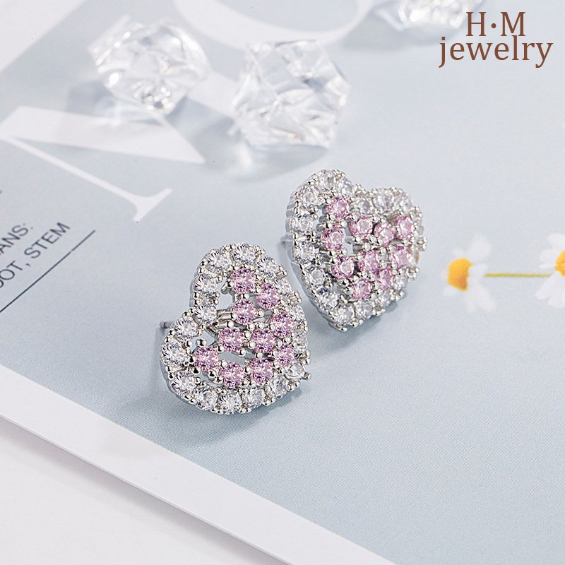 S925 Perak AAA Zircon Pink Love Heart Stud Earrings Ringan Mewah Manis2023Anting Baru