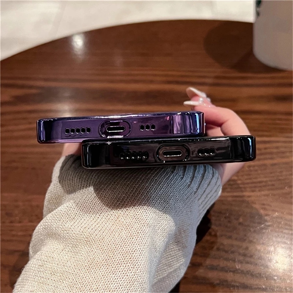 IPHONE Deep Purple Luxury Plating Frame Leather Case Untuk Iphone14 13 12 11 Pro Max14 Plus Ultra Tipis Electroplate Shockproof Casing Bumper Cover