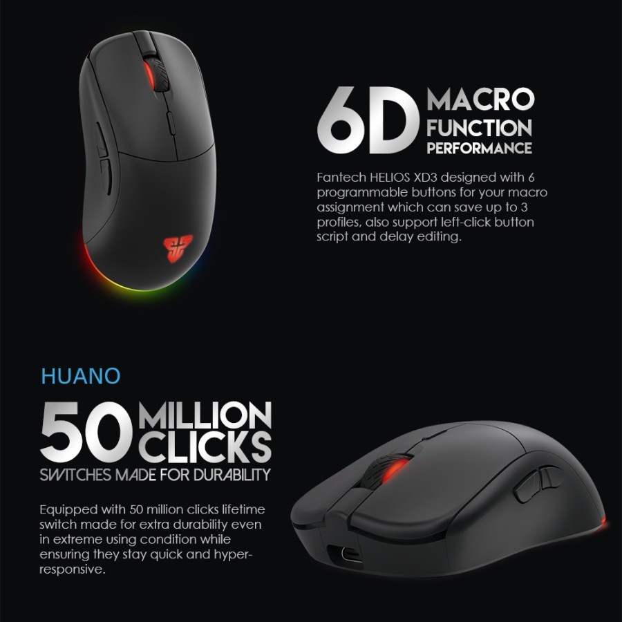 Mouse Fantech HELIOS XD3 Wireless Gaming RGB Dual Mode - Black / Hitam