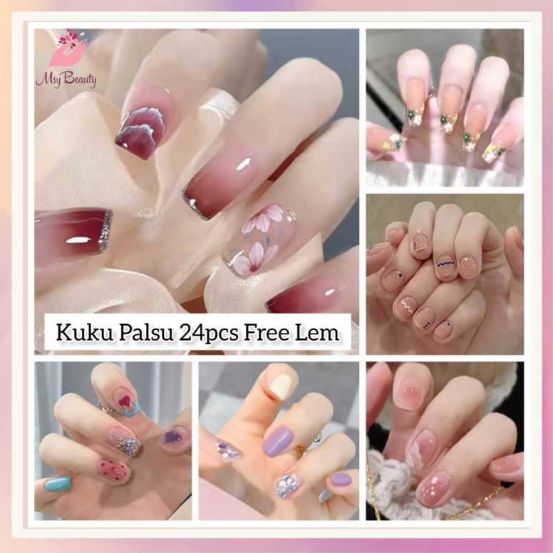 MSY 24pcs Kuku Palsu Dan Lem Fake Nail Art Fashion Free Lem Cair 2gr
