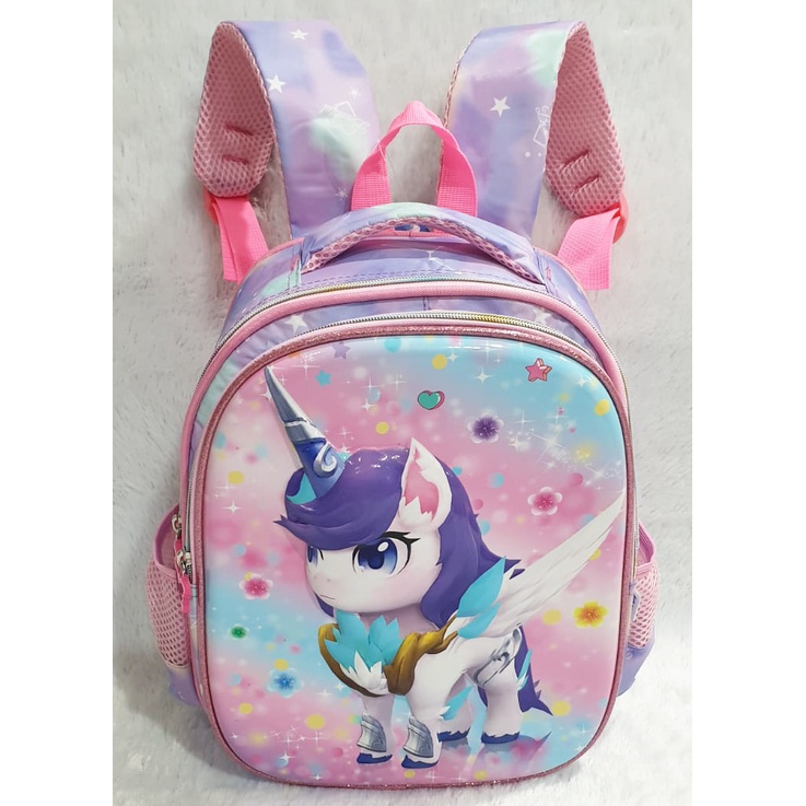 PROMO Tas RANSEL Anak Sekolah TK Perempuan GAMBAR KUDA PONY Rainbow Rose LILAC GLOSSY SHOES MITE TIMBUL IMPORT