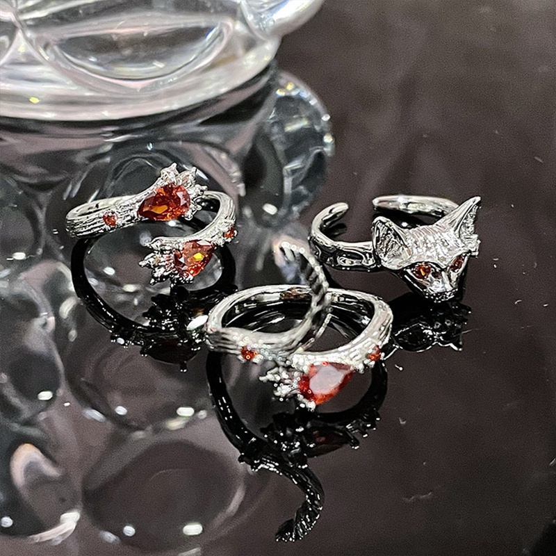 Gothic Cakar Kucing Zirkon Cincin Kristal Gelap Hewan Rubah Ekor Aesthetic Cincin Set Baru Vintage Goth Jari Peluk Rings Untuk Wanita Perhiasan