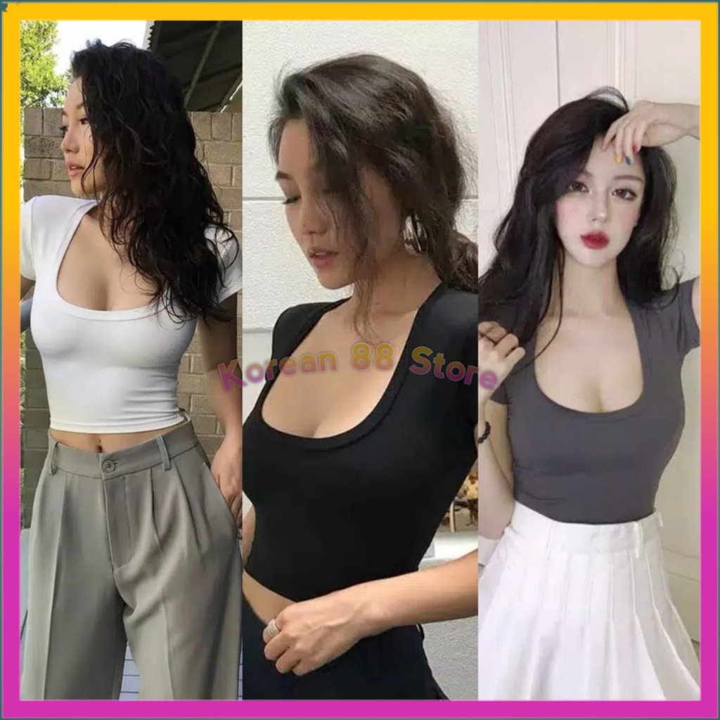 Sexy Slim Fit Crop Top U Neck Kaos Lengan Pendek Wanita Cewek Perempuan Korean Fashion Terbaru Termu