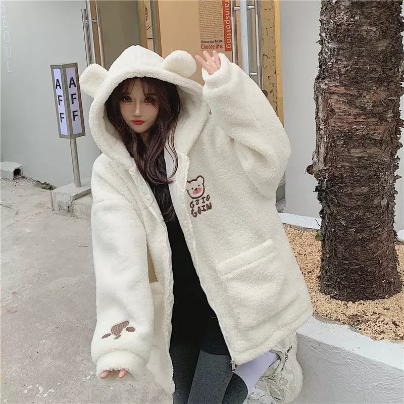 Bear Girl Jaket Zipper Sherpa Buludru Bordir Premium Fit To XL Besar l Jacket Hoodie Wanita Remaja Korean Style
