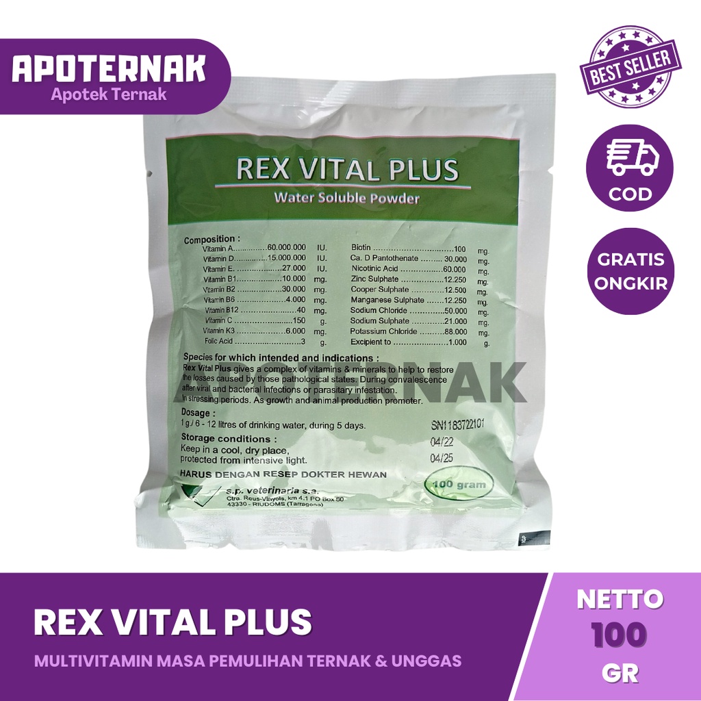 REX VITAL PLUS 100 gr | Multivitamin hewan Mineral Pemulihan Hewan dan Unggas Setelah sakit Terinfeksi Virus dan Parasit | Fortevit Rhodifit