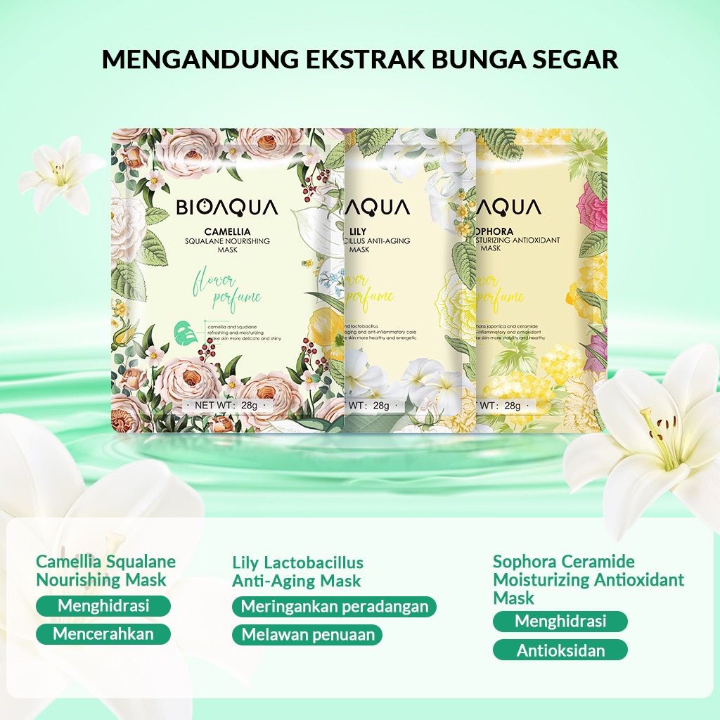 [BPOM][100%ORIGINAL] BIOAQUA Sheet Mask Masker Wajah Flowers Series (28g/pcs) Hydrating Essence Face Mask Brightening dan Anti Acne