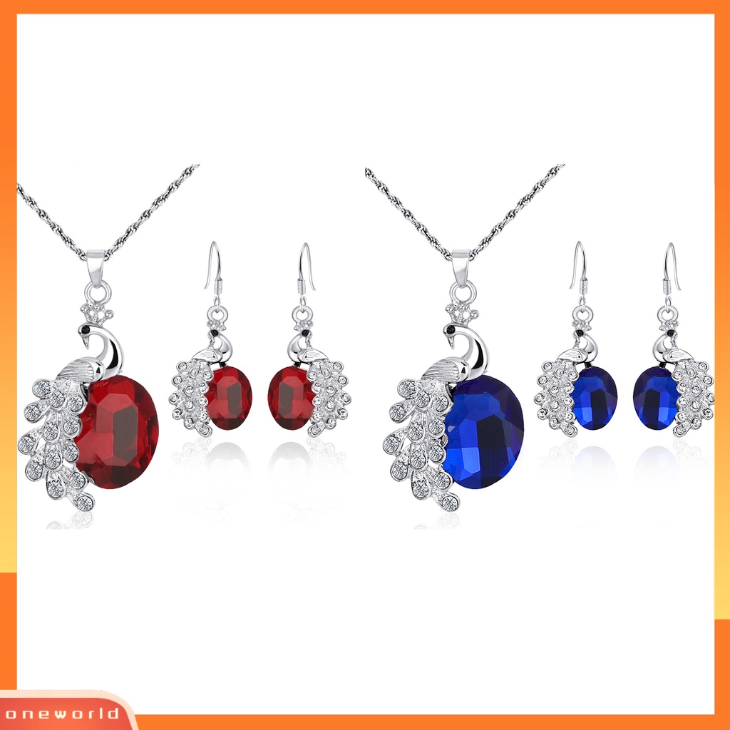 [ONE] 2pcs/set Kalung Anting Set Biru Kristal Imitasi Kepribadian Glitter Indah Bentuk Merak Hias Berlian Imitasi Liontin Anting Kalung Perhiasan Aksesori