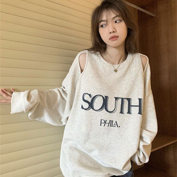 ♤✲﹍Salt letter printing sweater wanita musim gugur baru off-the-shoulder rasa desain ceruk longgar leher bulat tanpa topi top in