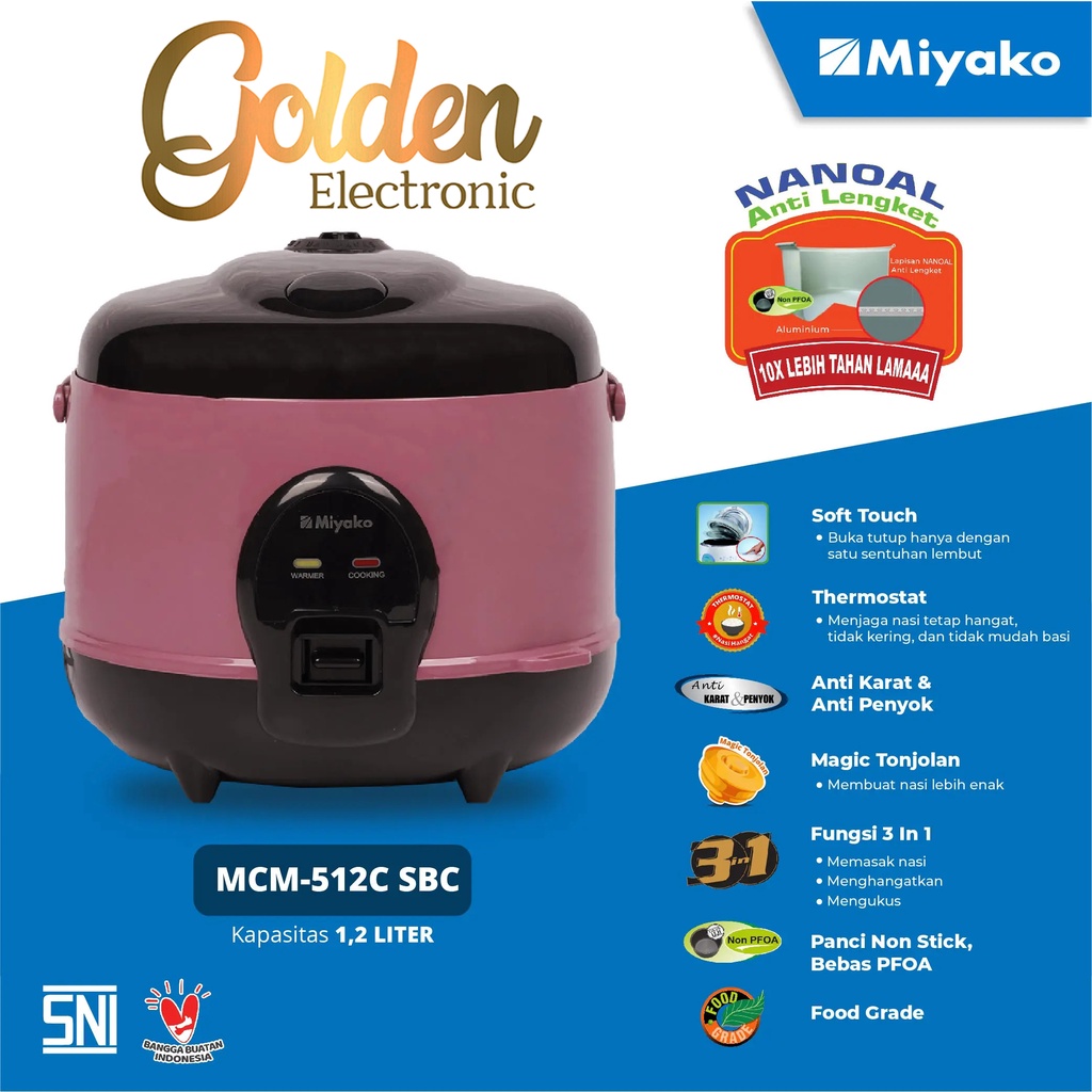 Rice Cooker Miyako MCM-512C SBC 1.2 Liter Magic Com MCM 512 C SBC 3in1 Anti Lengket MCM-512 SBC Food Grade MCM-512SBC 1.2L 512C SBC 512 C 512SBC 512 SBC