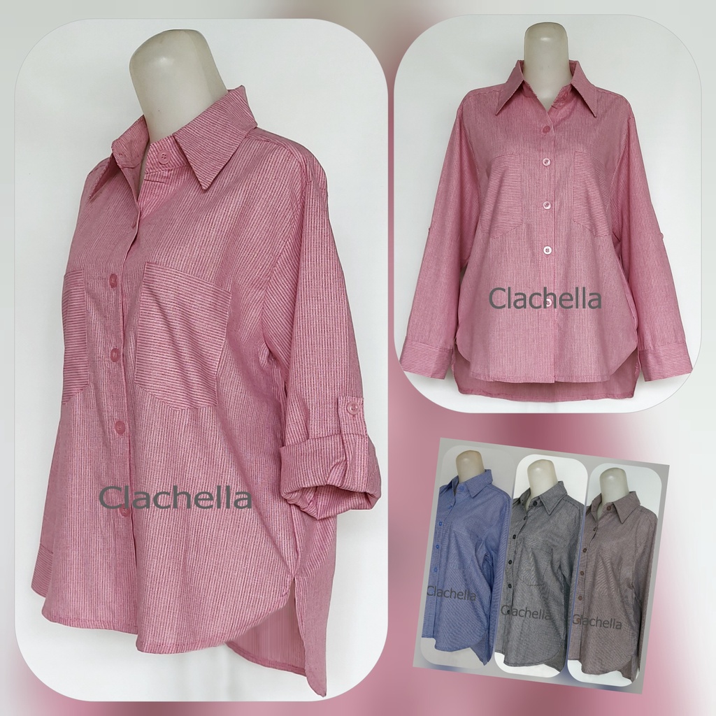 Clachella Baju Atasan Kemeja Salur Kecil  B418609C