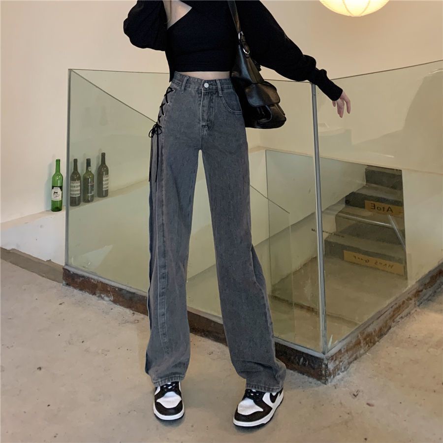 ●☑Jeans wanita gaya baru abu-abu asap desain tali pinggang tinggi mengepel lantai lurus-kaki celana wanita longgar ramping celana lebar-kaki trendi