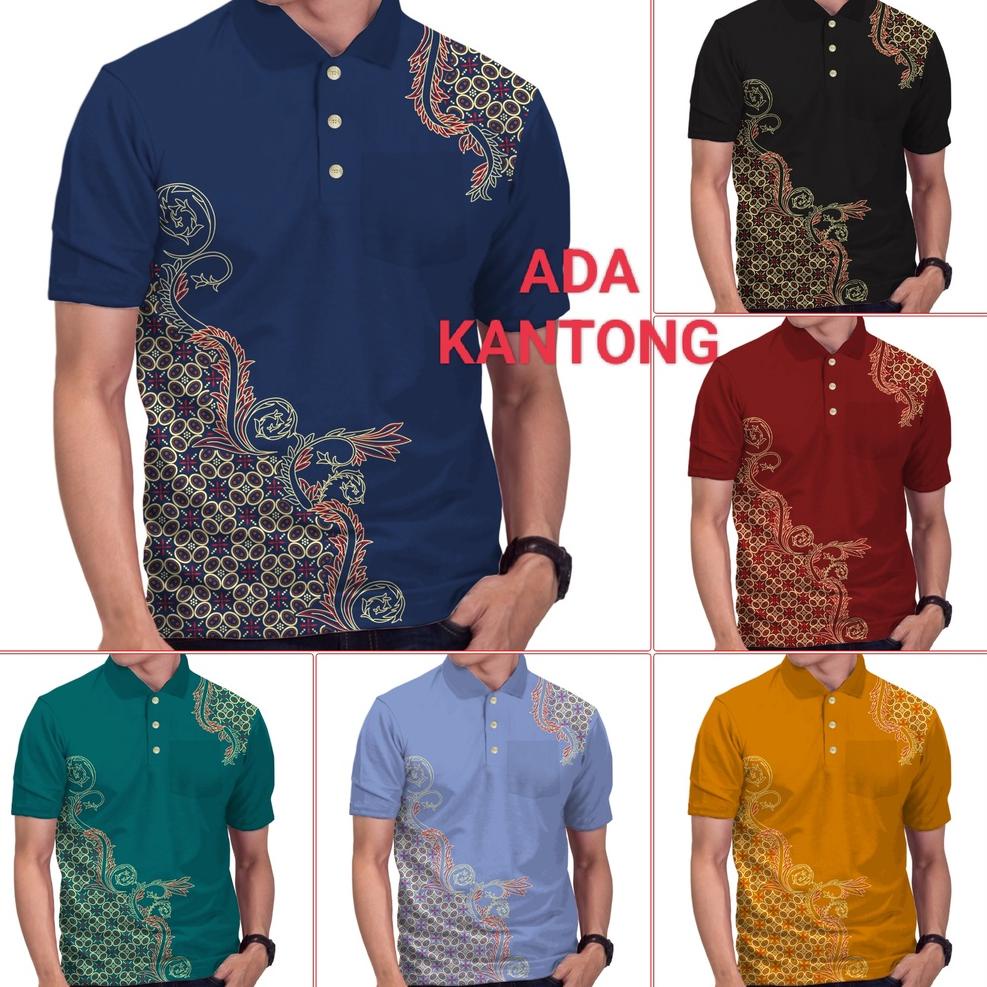 ☐ Kaos KERAH polo bahan katun batik kawung bulat samping (ADA KANTONG) ₲