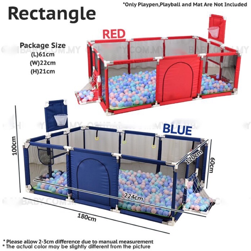 baby playpen 180*120 keranjang mandi bola pagar mainan anak/pagar bayi/kolam mandi bola anak/mainan tenda anak/tempat bermain anak/Baby Kids Safety Playpen Pagar Bermain Merah dan Biru Persegi Panjang/Square Kids Playhouse Playground