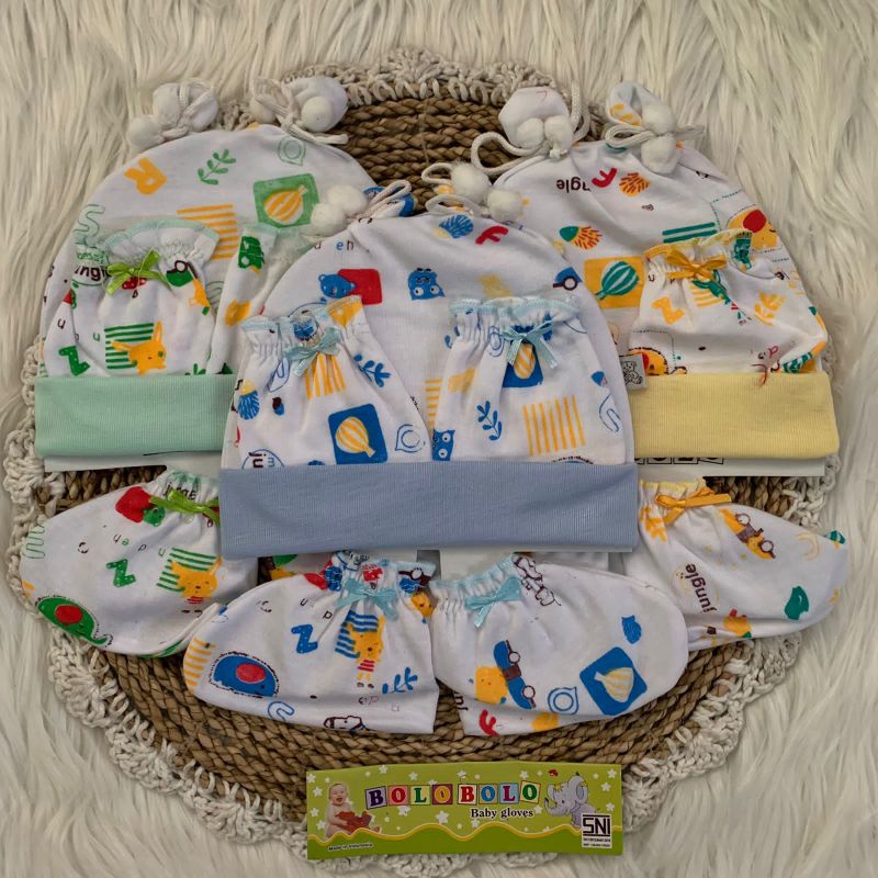 Topi Set Bayi + Sarung Tangan dan Kaki Bayi motif JUNGLE KOMBINASI NEWBORN