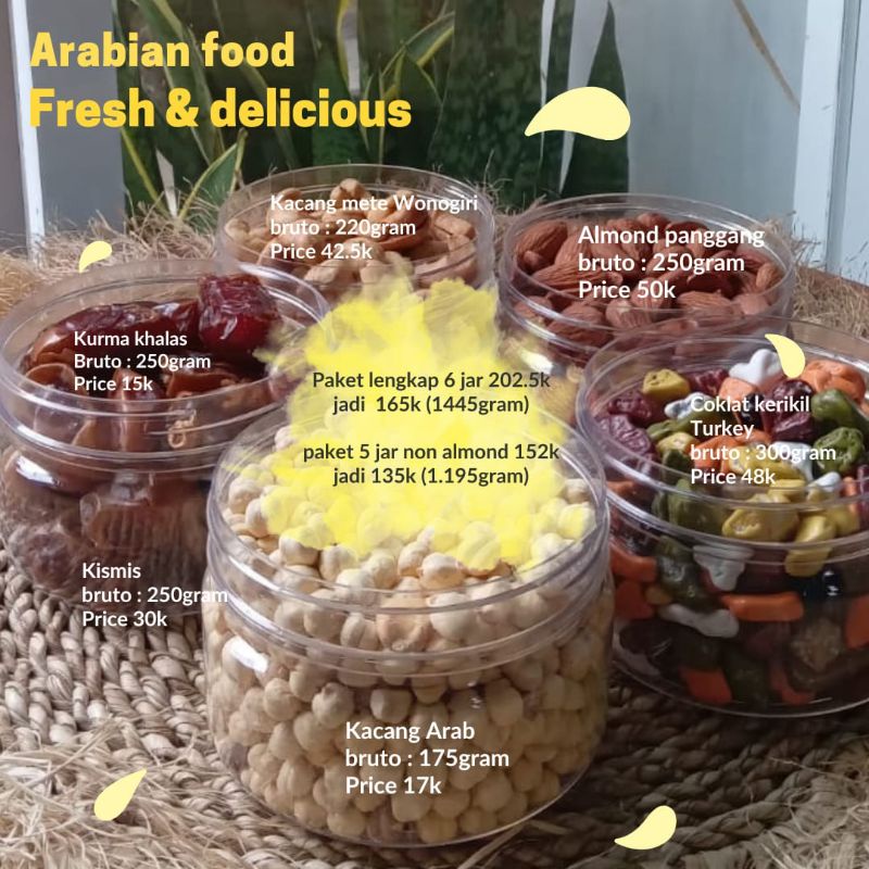 

arabian food bingkisan jar cantik kurma-kacang almond-kacang arab-mete-coklat batu-kismis