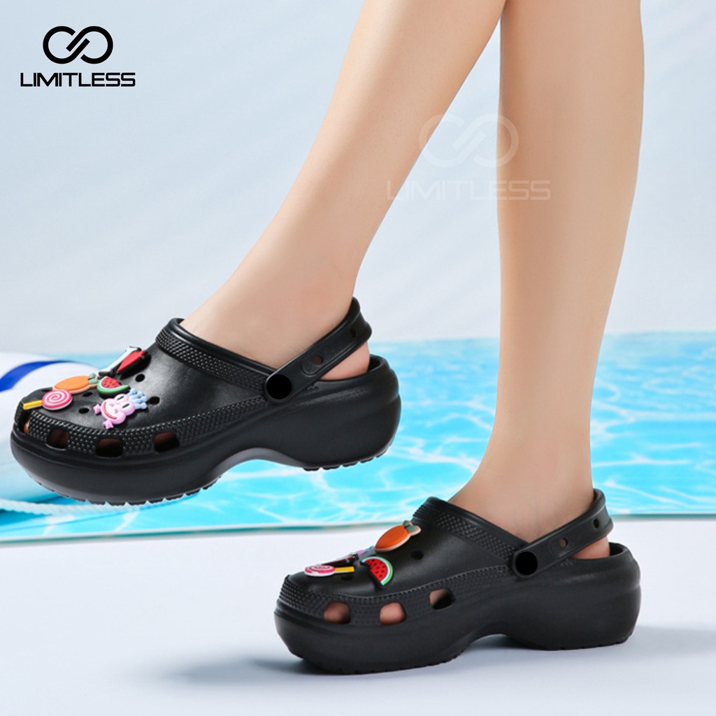 Sandal Wanita Slop  Viral Fuji Jibbitz Terbaru Kekinian Sandal Selop Eva Rubber Ringan Tebal Sendal Cewek Slip On Wedges Platform Korean Style