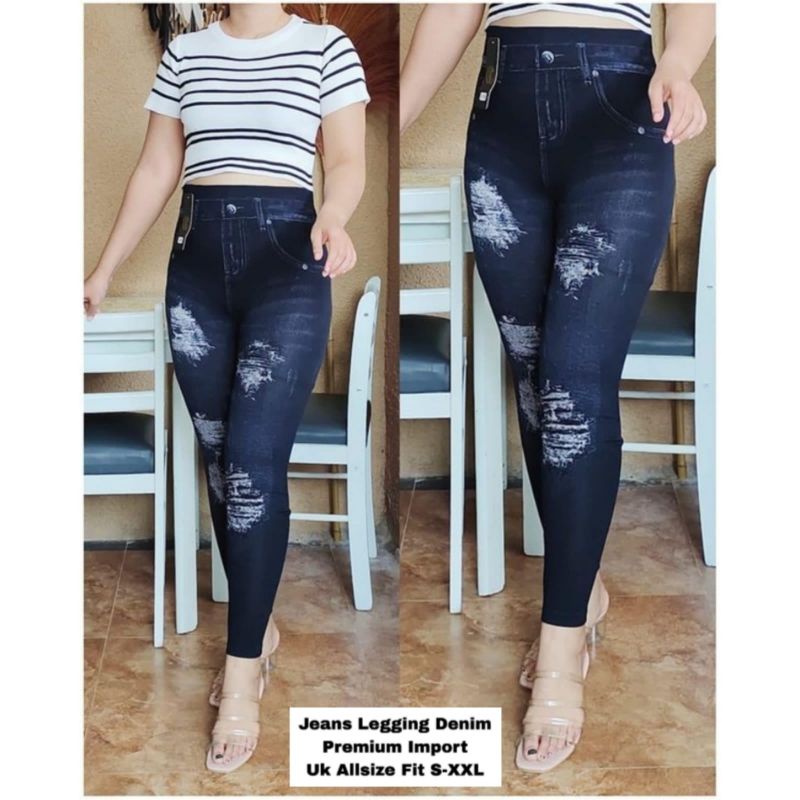 Legging Jeans Wanita Import Motif Sobek Up Jumbo