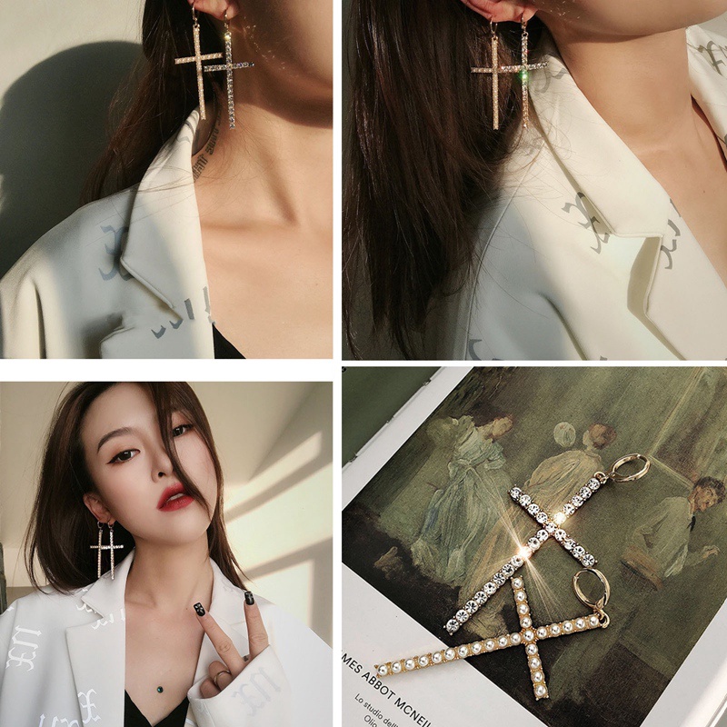 Fashion Mutiara Anting Salib Untuk Wanita Retro Hip Hop Asimetris Liontin Anting Earrings Kepribadian Liburan Ulang Tahun Perhiasan