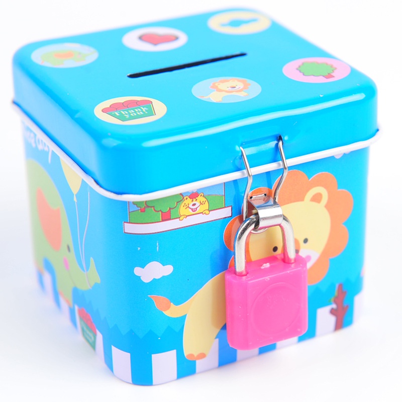 ღ 1Pc Logam Celengan Koin Tin Dapat Square Lucu Kotak Koin Uang Brankas dengan Kunci dan Kunci mainan Anak Anak Ulang Tahun Hadiah Campuran Warna Acak