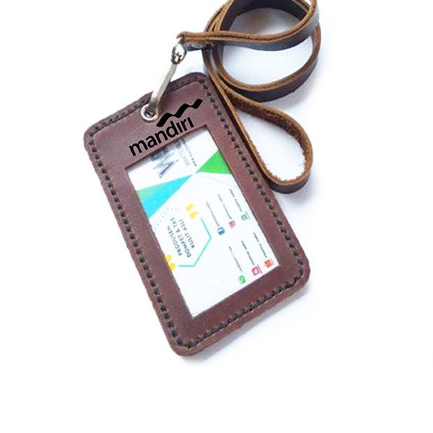 

ツ name tag id kulit asli logo BANK MANDIRI warna coklat - tali id card Special !