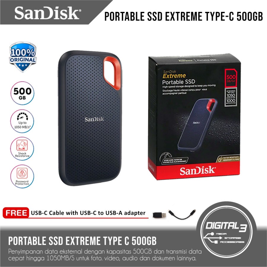 Sandisk Extreme External SSD HardDisk Drive 500GB USB 3.2 Type C / A